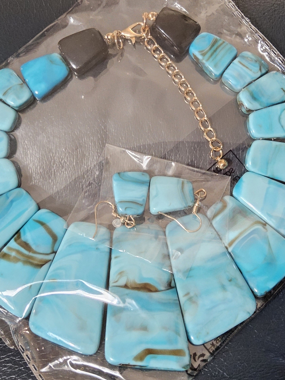Chunky Turquoise Marbled Resin Statement Bib Necklace & Drop Earrings Set